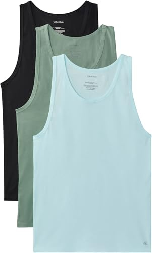 Calvin Klein Men’s 3 Pack Round Neck Tank Tops, Multicolor (Black W Sea Spray Emb, Sea Spray W), M