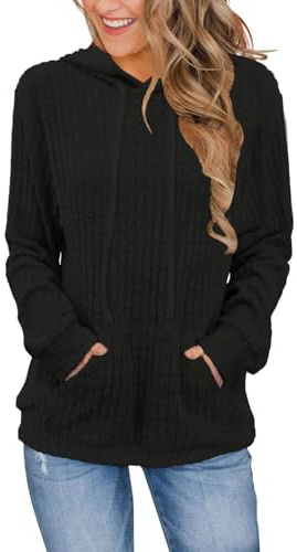 DUOEASE Pull Femme Couleur Unie Chic Sweat A Capuche Femme avec Poche Decontracte Elegant Automne Hiver Haut (Noir M)