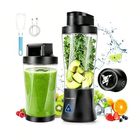 Spardar Frullatore Portatile, 700 ml, 6000 mAh, Funzione Autopulente, Frullatore Smoothie Include 6 Lame Affilate e Spazzola per la Pulizia, Adatto per Preparare Succhi e Frullati (Nero)