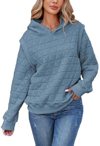Famulily Warm Winter Tops for Women Casual Long Sleeve V Neck Sweatshirts Padded Coat Top with Pocket Blue Grey L