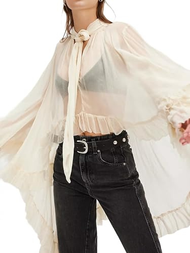 Paaruter Blusa de Transparente con Volantes y Mangas Largas Acampanadas para Mujer, con Dobladillo Alto y Bajo, Sexy y Holgada M