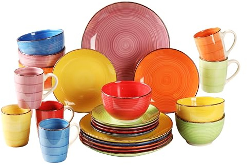 simpa 24PC Hand Painted Assorted Bright Colourful Stoneware Dinner Set. 6 Dinner Plates, 6 Side Plates, 6 Bowls & 6 Mugs. Dishwasher & Microwave Safe.