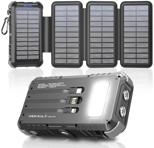 Solar Power Bank 26800mAh with Built in Cables & 4 Solar Panels, Power Bank Solar Charger USB-C Fast Charging 3A Output/Input for Phone, Outdoor Camping Battery Pack with Flashlight