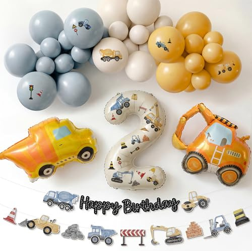2-årsdagsdekorationer pojke - Grävmaskinsfödelsedagsdekorationer Byggballonger båge-kit med foliegrävmaskinsballonger 81 cm nummer 2-ballong och Happy Birthday-banderoll (inte förtryckta ballonger)