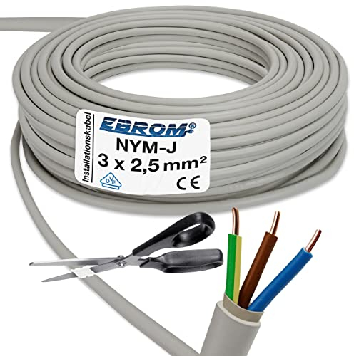 EBROM Câble gainé NYM-J 3 x 2,5 mm² - Câble d'installation pour pièces humides - Gris - Au choix par incréments de 5 mètres, au mètre près - Votre sélection : NYM-J 3 x 2,5 mm², longueur : 100 m