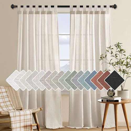 H.VERSAILTEX Natural Linen Tab Top Curtains 84 Inch Length for Living Room 2 Panel Drape Semi Sheer Neutral Country Rustic Farmhouse Boho Curtain Bedroom Muslin Look Light Filtering, Heathered Natural