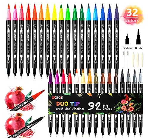 ZSCM 32 Colors Duo Tip Brush Markers Art Pen Set, Artist Fine and Brush Tip Colored Pens, for Adult Coloring Books Christmas Cards Drawing, Note taking Lettering Calligraphy Journaling