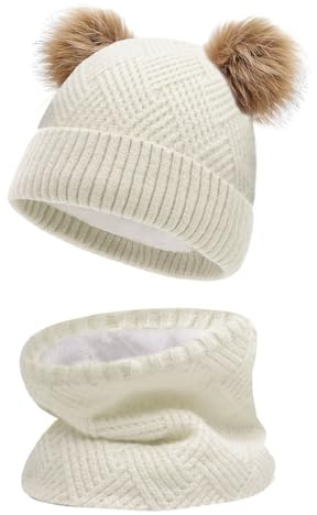 JFAN Sciarpa Invernale per Bambini in Maglia Doppia con Cappello Caldo A Forma di Palla di Pelo Cappello a Doppia Palla di Capelli + Sciarpa,Bianco
