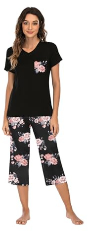 Famulily Pajamas Women Cotton Comfy Pajamas, Ladies Pyjamas Set Floral Printing Short Sleeve Loungewear Top and Wide Leg Pants Cropped Trousers Soft Nightwear Sleepwear S-XXL