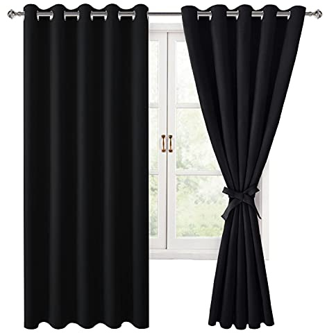 Hiasan Blackout Curtains for Bedroom, 60 x 63 Inches Length - Thermal Insulated & Noise reducing Window Curtains for Living Room, 2 Drape Panels Sewn with Tiebacks, Black