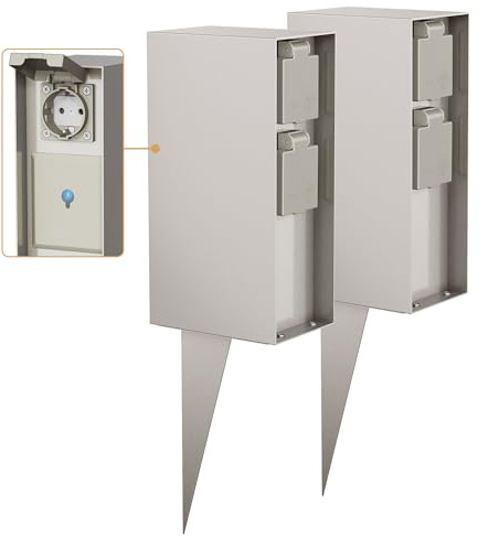 ledscom.de 2 Stück Garten-Steckdosensäule POMI mit Erdspieß für außen, IP44, Smart Home, WLAN, Alexa, 3-Fach, Edelstahl, eckig, 23cm