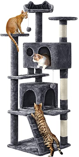 Yaheetech 158cm Cat Tree for Indoor Cats with Scratching Posts, Dark Grey | Multilevel Cat Tower, 2 Condos, 3 Perches, Sisal Posts, Ladder, Safety Strap, for Small to Large Cats, FSC-Certified