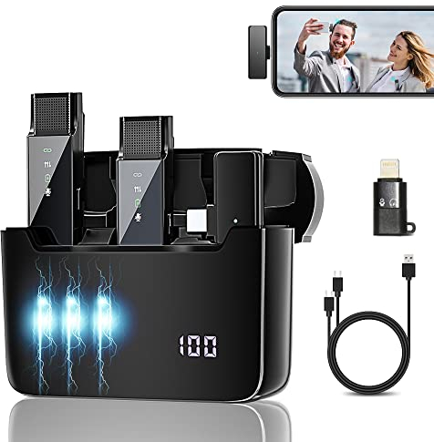 SUBOSI Wireless Lavalier Mikrofon mit Ladebox Ladecase, 2er Mikrofon Wireless für iPhone/iPad,Plug & Play, Rauschunterdrückung, Microphone Ansteckmikrofon für YouTube, Interview,Videoaufzeichnung