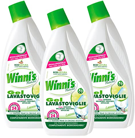 Winni's Naturel Gel Lavastoviglie Formula 4in1 Detergente Brillantante Sgrassante Anticalcare Fragranza Limone Per Cicli Brevi Materie Prime Origine Vegetale Biodegradabili - 3 Flaconi da 600ml