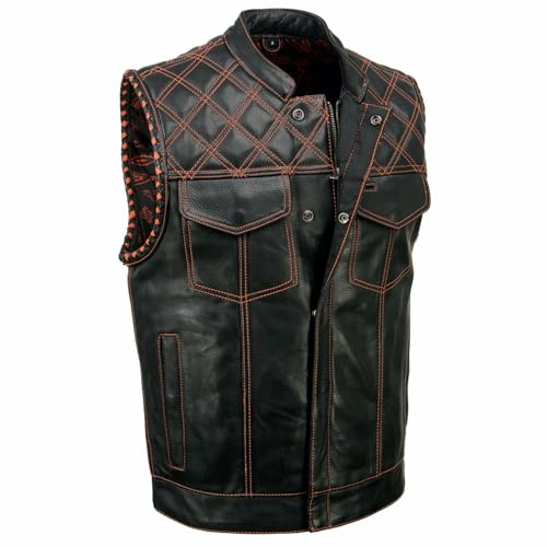 Milwaukee Leather Men’s Leather Club Vest – Paisley Lining, Contrast Stitch, Patch Ready Back, Storage Pockets - Large