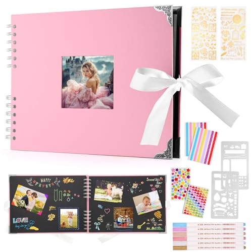 DazSpirit Album Fotos Scrapbook 29,5 X 21cm Album Fotos Para Pegar Y Escribir, Libro de Firmas 80 Páginas, 40 Hojas, Con 6 Bolígrafos Metálicos, Albunes para Fotos Cumpleaños Y Bodas (Rosa)