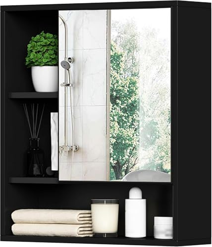 ChooChoo Bathroom Wall Mirror Cabinet, Medicine Cabinet with Single Door and Adjustable Shelf, Over The Toilet Space Saver Storage Cabinet, Black