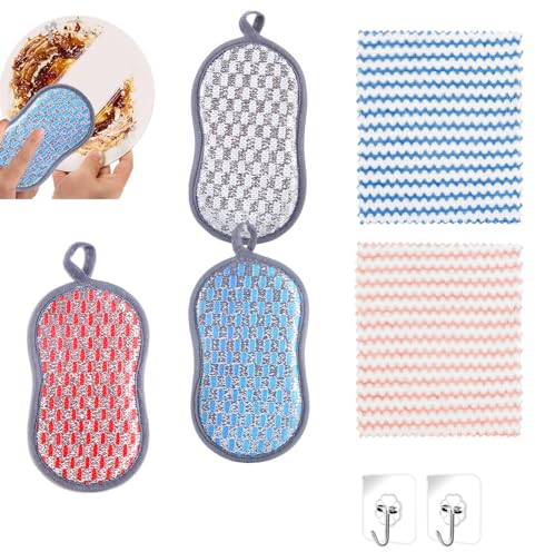 DHWEKU 3 esponjas de Microfibra, para Cocina, para Fregar, de Doble Cara, Lavables, para reutilizar,con 2 Trapos y 2 Ganchos