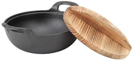 Cast Iron Wok Pan with 2 Handle and Wooden Lid, Uncoated Chinese Traditional Wok, Deep Frying Pan with Flat Bottom for Electric, Induction and Gas Stoves, for Stir Fry Grill