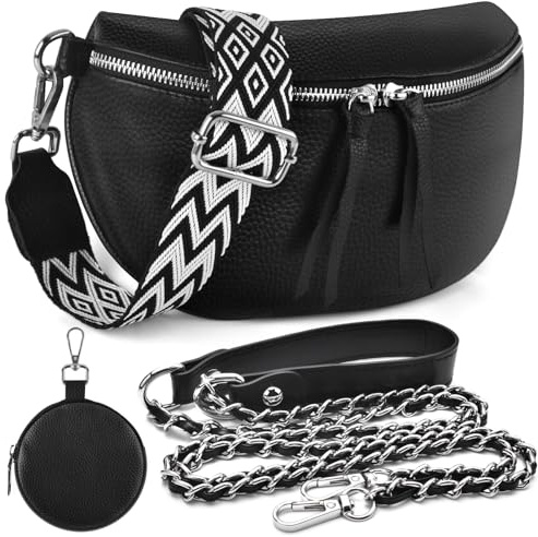 BROTOU Genuine Leather Crossbody Handbag with Adjustable Wide Strap, Chain Strap & Small Cosmetic Bag, Large Capacity Shoulder Bag for Ladies Girls Travel Shopping Daily Use (B-Black)
