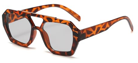 YAMEIZE 70s Retro Double Bridge solglasögon - pilotglasögon för kvinnor och män - klassiska sexkantiga fyrkant körglasögon, Ljusgrå Leopard