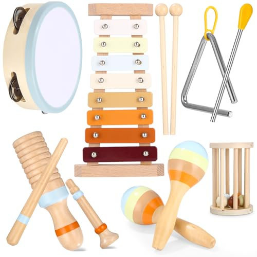 Exyvox Musikinstrumente für Kinder, 12 PCS Baby-Musikinstrumente, Kinderspielzeug Ab 2 Jahre, Musikinstrumente Musical Instruments Set, Percussion-Instrumente Set mit Xylophon, Holzspielzeug.