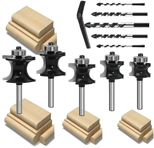 MAYLINE 1/4 Inch Shank Router Bit Set 5 PCS, Wood Cabinet Carbide CNC Cutting Tool for Door&Table Tongue Groove Rail Stile Woodwork Milling Cutter Panel Router Bits Sets (DR-05)