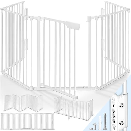 KIDUKU® Barrera de Seguridad 300-600 cm para Niños y Mascotas | Reja de Protección de Metal - Premontado | Rejilla Protectora Metálica Plegable con Puerta | 5-10 Paneles (Blanco, 180 cm)