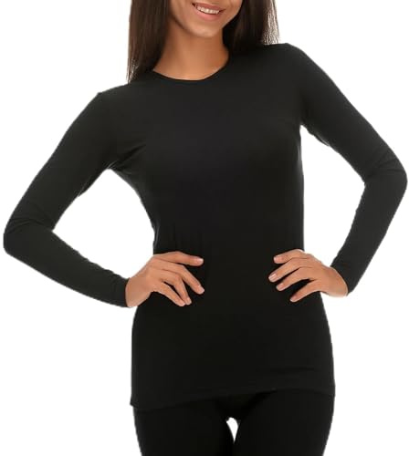 Top Termico Donna Morbido, Scollo Rotondo, Maniche Lunghe, Nero, XL