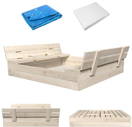 MAMOI Sandkasten mit Deckel 120x120 Sandbox natürlich Sandkiste mit Sitzbänken Holz Spielzeug Abdeckung Sitzbänken 150x150