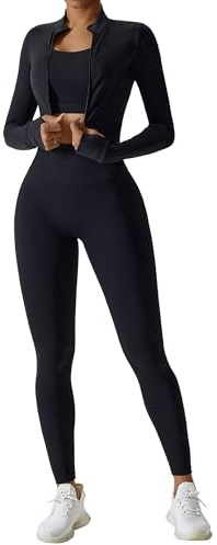 Set da allenamento da donna, 3 pezzi, giacca a maniche lunghe con cerniera, top corto, leggings da yoga a vita alta, set da palestra e atletica, nero, Medium