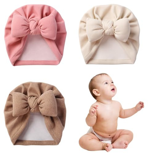 JYNXOR 3 Pièces Bonnets de Naissance Baby Bowknot Turban Chapeaux Extensibles en Coton Casquette Chaude Respirante Chapeaux Nœuds Papillons Casquettes Bonnets pour Nouveau-Né Bébés Fille Garçon