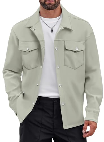 Oanviso Camicie a Giacca Uomo Vintage Revers Camicia con Bottone e Tasche Casual Slim Fit Outwear Manica Lunga Camicia Spessa da Lavoro B Verde L