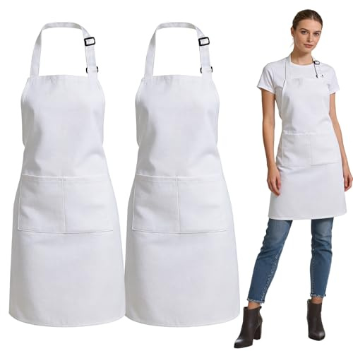 SHIQUAN 2 Pièces Tablier Blanc, Tablier Cuisine pour Hommes et Femmes, Résistant Aux Taches d'Eau et de Graisse, pour Cuisine, Blanc, Restaurant, Café, Taille Unique
