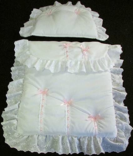 Bedding Set for Silver Cross Dolls Prams, Compatible with Oberon and Chatsworth Models (Pink Ribbon Design)