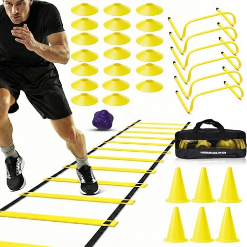AI SPORTS Speed & Agility Training Premium Kit – Football Equipment with Agility Ladder, 6x Speed Hurdles, 6x Cones, 20x Disc Markers, 1x Reaction ball and a Carry Bag