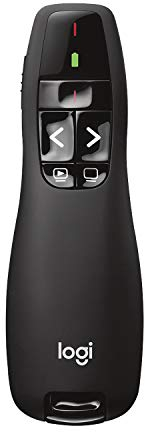 Logitech R400 Wireless Presentation Remote, 2.4 GHz, USB-Receiver, Red Laser Pointer, 15-Meter Operating Range, 6 Buttons, Intuitive Slideshow Control, Battery Indicator, PC - Black