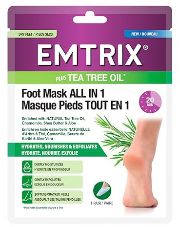 EMTRIX - Masque Pieds Tout en Un, Exfoliant, Hydratant - Pieds Très Secs et Abîmés - À Base d'Ingrédients Naturels - Efficace en 20 min - 1 Paire de Chaussettes Masques