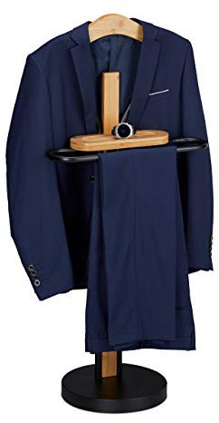 Relaxdays Herrendiener, mit Ablage, freistehend, faltenfreie Anzüge, Bambus & Metall, 109 x 48 x 30 cm, schwarz/natur