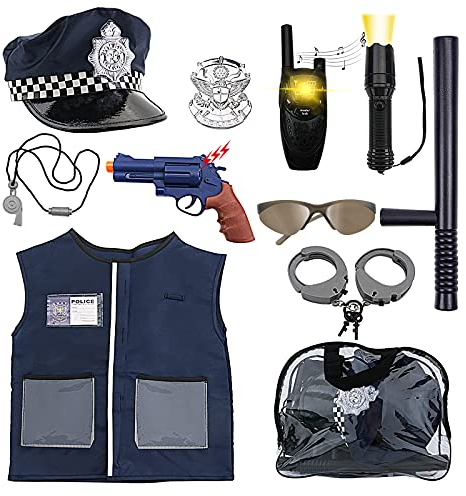 deAO Polizei Kostüm für Kinder, Polizeikostüm Set Uniform Mütze mit Mütze Ausrüstung, Polizei Spielzeug Rollenspielset für Kinder Halloween Karneval