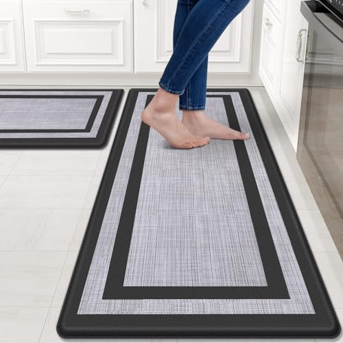 Mattitude Kitchen Mats Set of 2,Cushioned Anti-Fatigue Non-Skid Rug Sets Ergonomic Comfort Standing Mat for Kitchen, Floor, Office, Sink, Laundry, Black and Gray