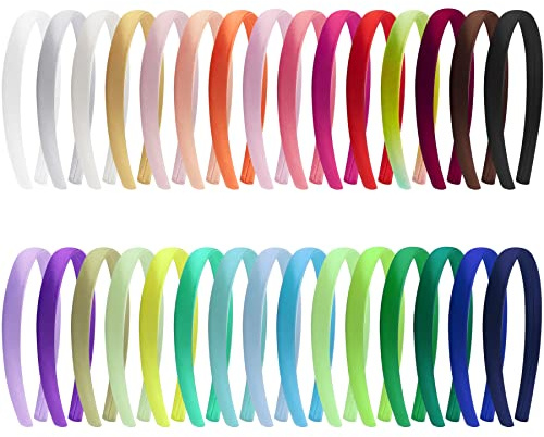 Duufin 30 Pieces Satin Headbands 1.5cm DIY Plain Headband Satin Covered Headband for Girls and Women, 30 Colours