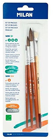 Blíster 3 Pinceles Redondos (Pelo de Cabra y sintético) Serie 101 nº 4,10 y 16 + 1 Pincel Plano (Chungking) Serie 524 nº 8