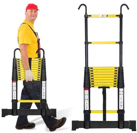 Cecaylie 3,2 m teleskopstege aluminium multifunktionsstege med 2 avtagbara krokar, stege teleskopdesign, 150 kg/330 pund lastkapacitet, stående stege halkfri, svart