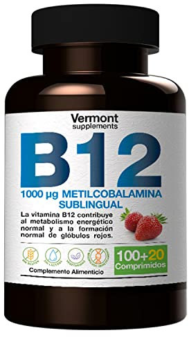 Vitamina B12 Sublingual 1000mcg - 120 Comprimidos Sabor Fresa | Suplemento Vitamínico con Metilcobalamina para el Desarrollo Celular, favoreciendo la producción de Energía | Vermont Supplements