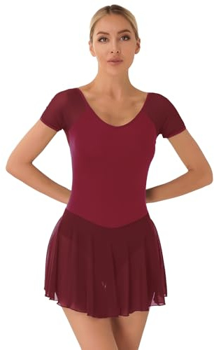 TTAO Vestido de ballet para mujer de manga larga/corta con tutú de gasa y falda envolvente, vestido de gimnasia, ropa de danza, traje de entrenamiento, ropa de baile, granate, M