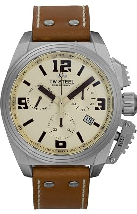 TW Steel Swiss Canteen herrkronograf, 46 mm, med läderarmband, kräm, Rem