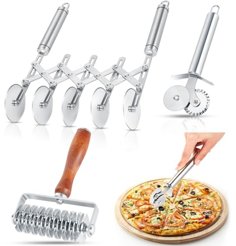 Gisafai 3 Pcs Pastry Cutter Set 5 Wheel Adjustable Pizza Slicer Stainless Lattice Roller Slicer Dual Ravioli Dough Cutter for Christmas Kitchen Pizza Noodle Pasta Maker