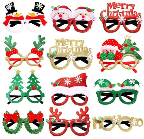 AWAVM 12 Styles Christmas Glasses Frame Glitter Christmas Party Glasses Christmas Costume Creative Eyewear for Christmas Party Supplies