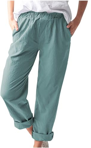 Jogginghose Damen Lockere Lässige, Leinenhose Leicht Luftig, Stoffhose Elegante Schicke, Sommerhose Mit Gummizug, Hose Aus Leinen, Einfarbig, Elastische Taille, Tasche, Hohe Taille, Gerade Hose